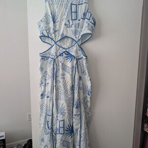 Anthropology Cut Out Blue and White Tropical Women's Dress